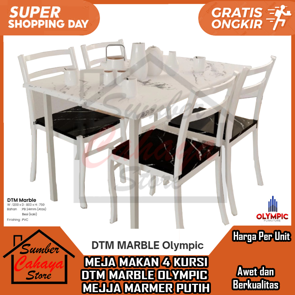 [Kargo] MEJA MAKAN 4 KURSI DTM MARBLE OLYMPIC MEJJA MARMER PUTIH MINIMALIS SET INCLUDE DINNING TABLE