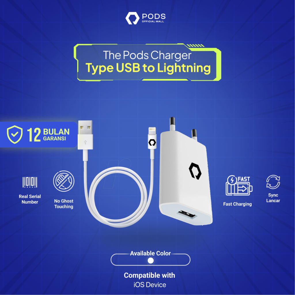 CHARGER 20W Fast Charging - USB to Lightning [Fullset Cable + Adaptor] By Pods Indonesiaa