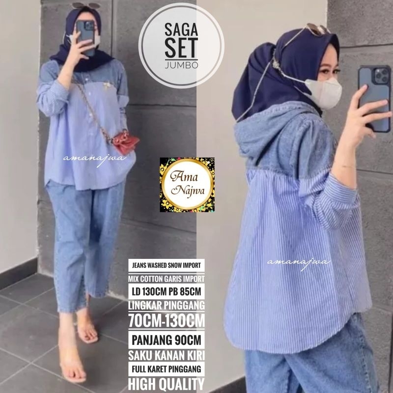 Saga One Set Setelan Celana Blouse Jeans Mix Katun Garis Ld 130 Jumbo Fit XXXL By Amj
