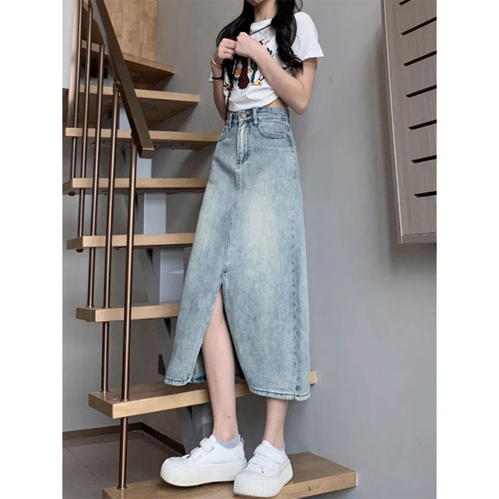 Rok denim Korea rok a-line wanita berpinggang tinggi sedang untuk menutupi rok pinggul selangkangan terbaru