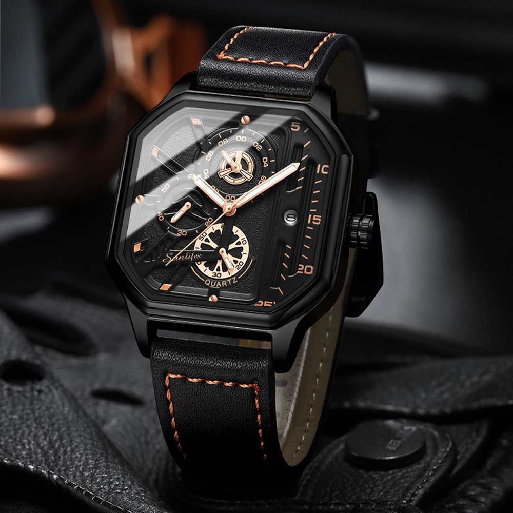 Sunlifex Jam Tangan Pria 9095 Kuarsa Olahraga Kasual Tali Kulit Pria Jam Tangan Cowok-1