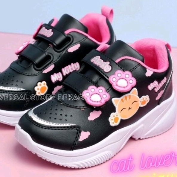 SEPATU ANDO SNEAKERS ANAK MIAW VELCRO  HITAM PINK MAGICAL FLOWER ELINA