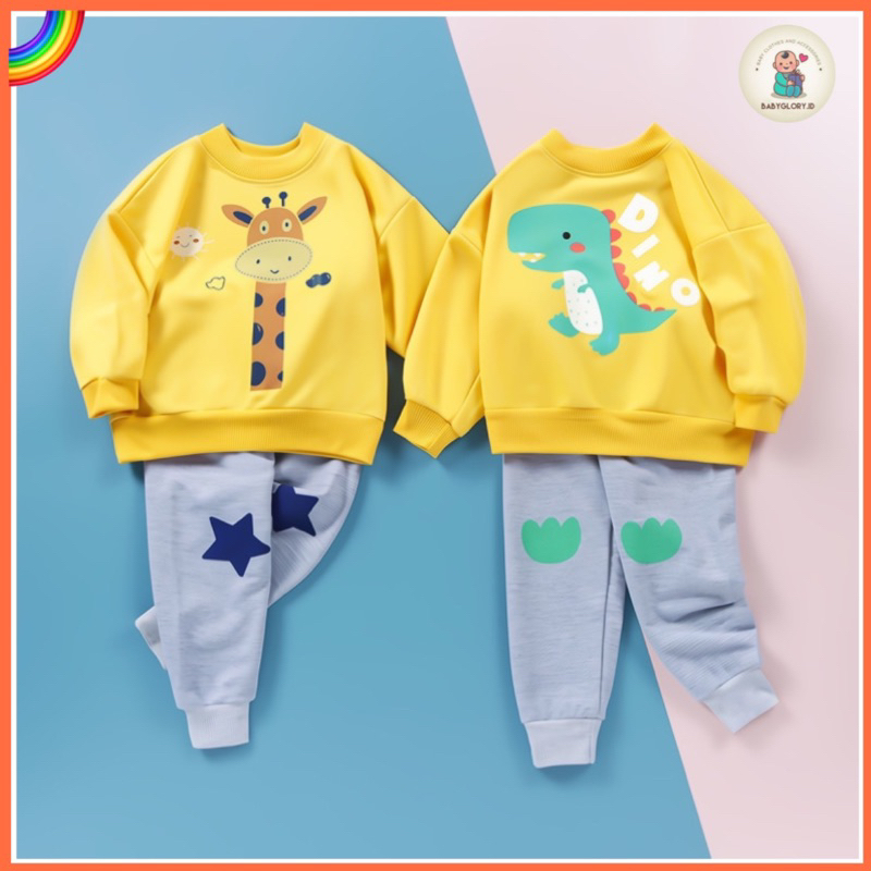 Sweater Anak MINI BOS - Setelan Sweater Anak Laki Dino - Baju Sweater Anak Dino Jerapah