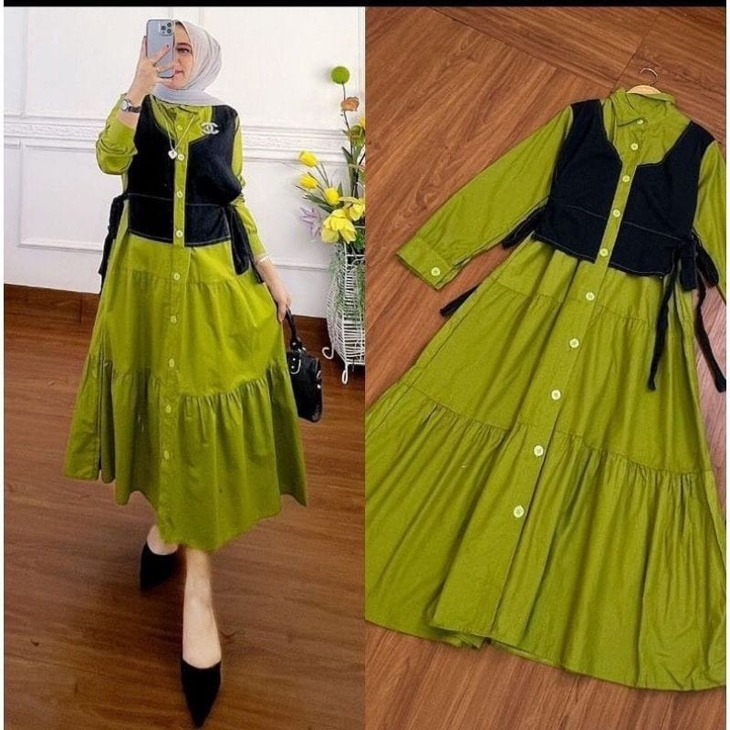 AndaraFashion-MAYRA SET Bahan Crinkle Airflow Mix Jeans Rompi Gamis Wanita Kancing Depan Terbaru 202