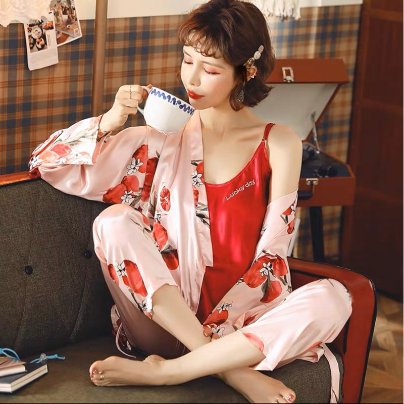 JC- Set Kimono Satin 3in1 Import PP / Kimono sleepwear / Kimono Satin Set 3in1 Import Korea / Piyama Kimono 3in1 Set Satin