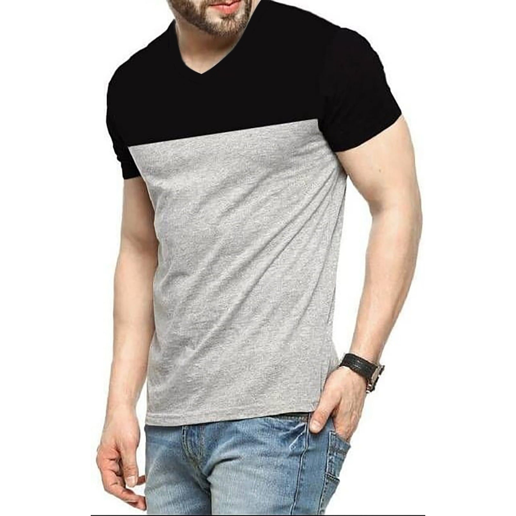 Baju Atasan Pria V Neck Two Tone Kaos Lengan Pendek Kasual