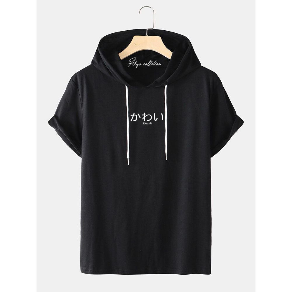 KAOS HOODIE KUPLUK LENGAN PENDEK  TULISAN JEPANG KAWAII/KAOS HOODIE KUPLUK / FASHION PRIA DAN WANITA
