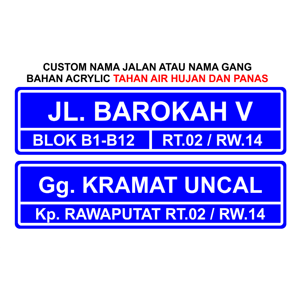 Plang NAMA JALAN Custom bahan acrylic sangat  tahan air