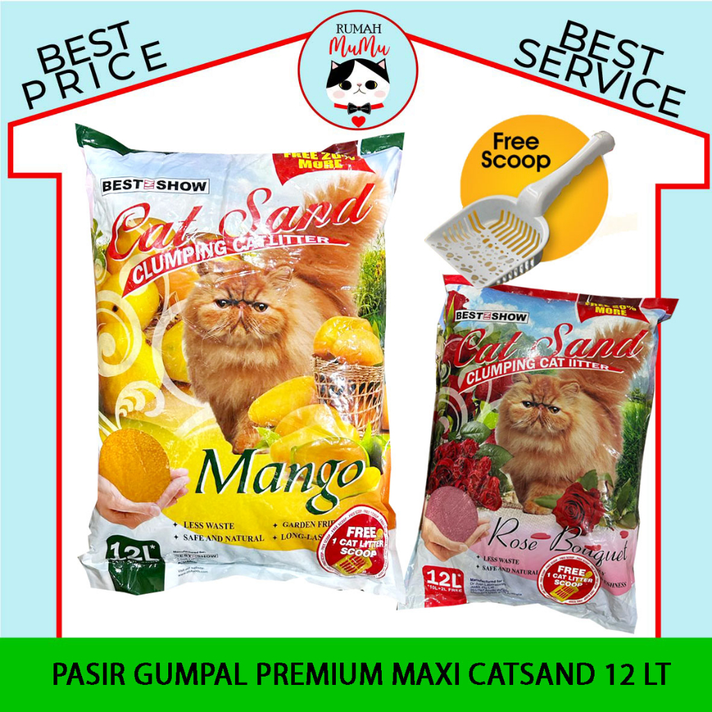 PASIR KUCING GUMPAL WANGI IMPOR PREMIUM MAXI CATSAND BEST IN SHOW 12 LT GRATIS SEKOP KHUSUS OJEK ONLINE