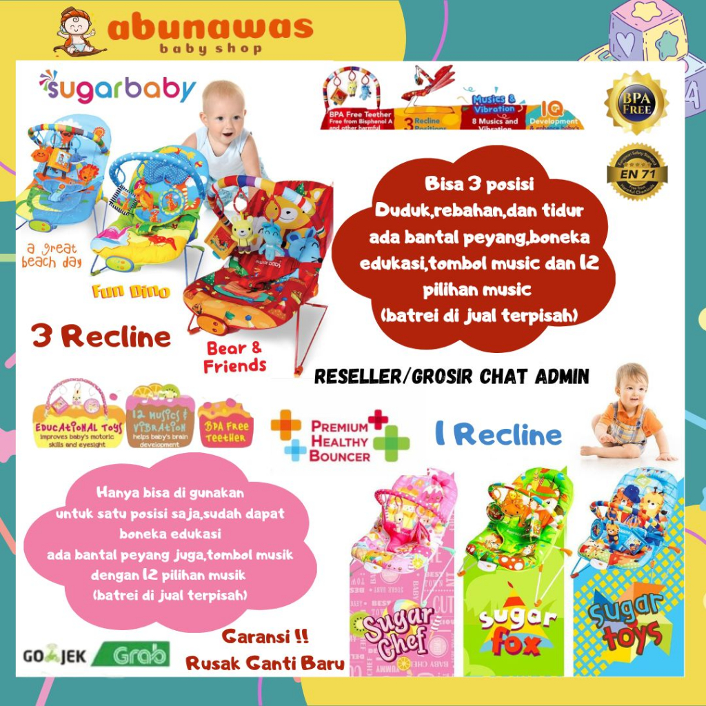 [FREE BUBBLE WRAB] Sugar Baby Bouncer Bayi 1 Recline, 3 Recline Deluxe Musical Vibration Kursi Bayi