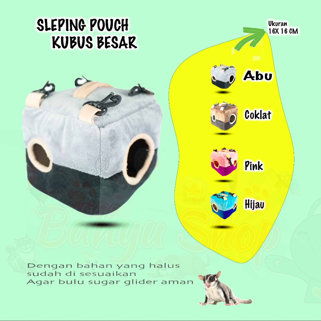 SLEEPING POUCH MODEL KUBUS BESAR HEWAN SUGAR GLIDER, TUPAI TERBANG-DUA LORONG-SALMON OIL