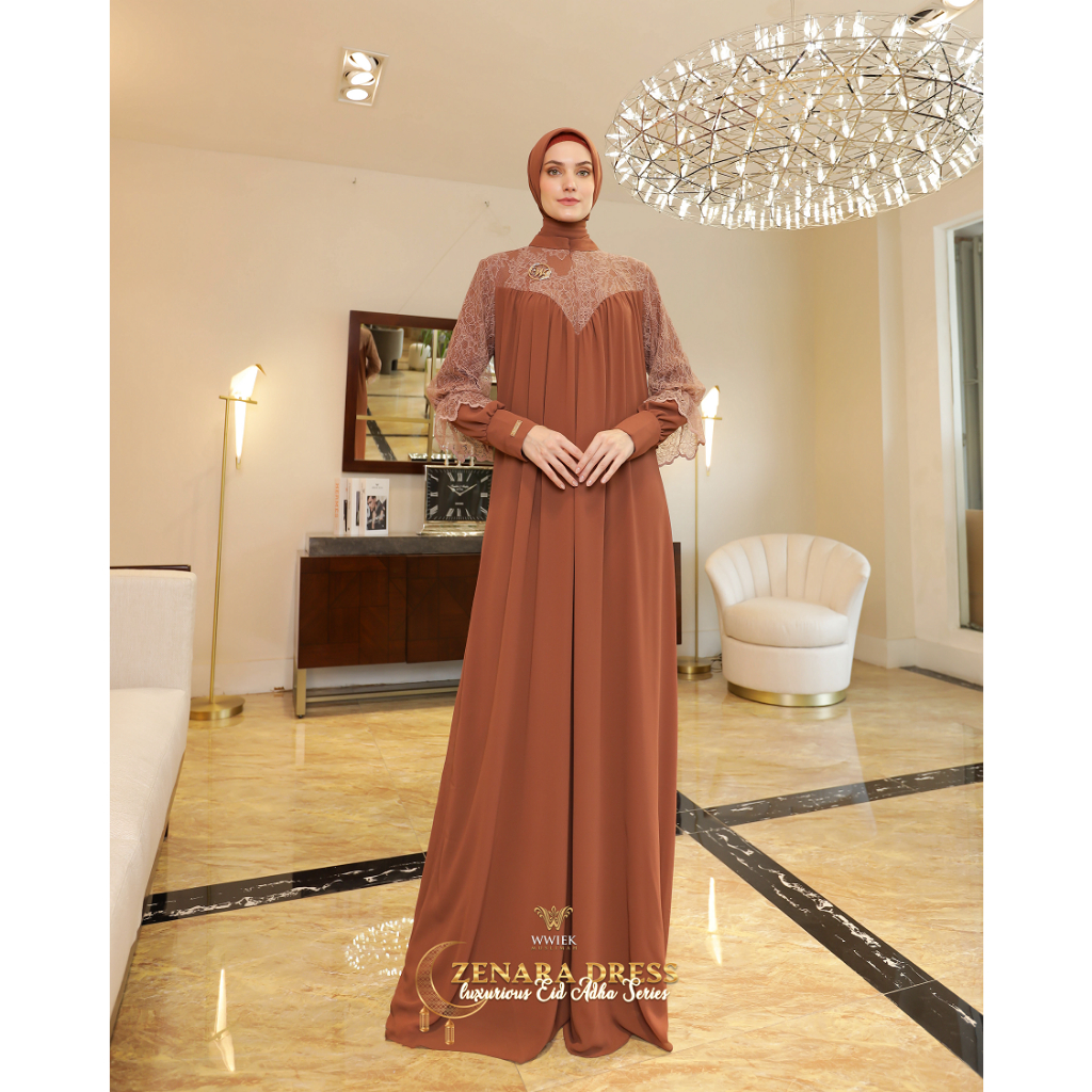 Baju Gamis Zenara Dress Set Jilbab Segiempat by Wwiek Muslimah-Spicy Brown
