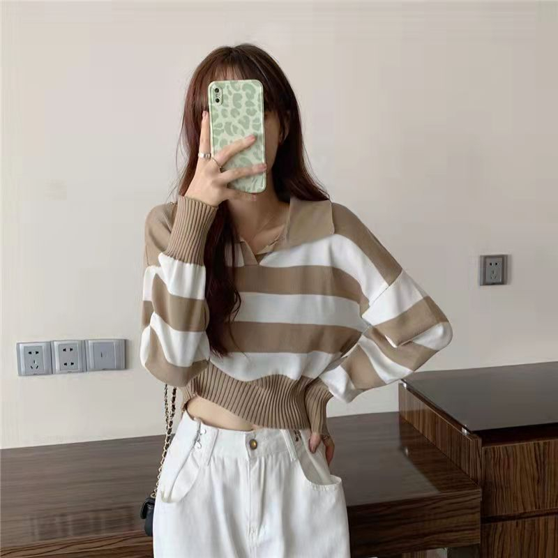 BEARYJEANS Blaster Sweater Atasan Rajut Wanita Crop Top Korea Striped Loose Pullovers Premium Import Korean Style - BJ087