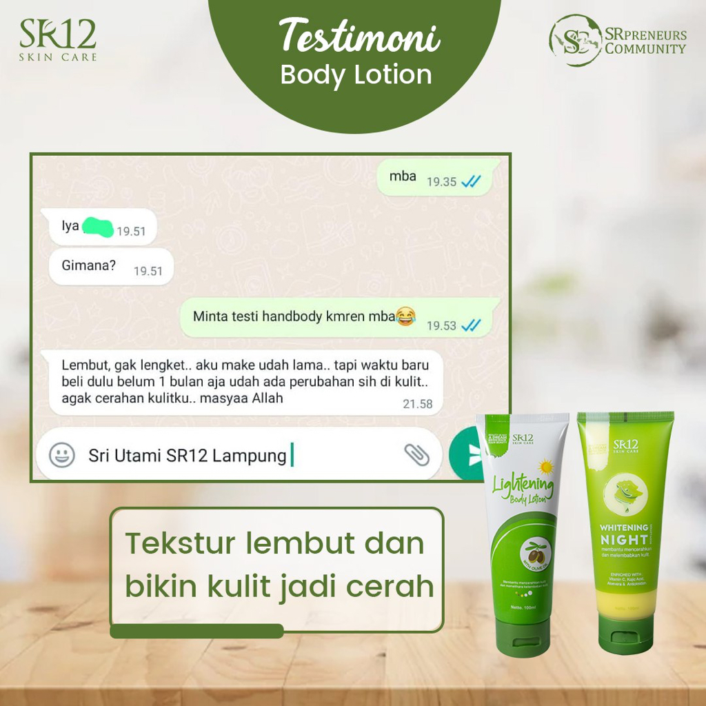 Whitening Night Body Lotion SR12 Lotion Pemutih Aman Pencerah Kulit Kusam Pelembab Kulit Kering