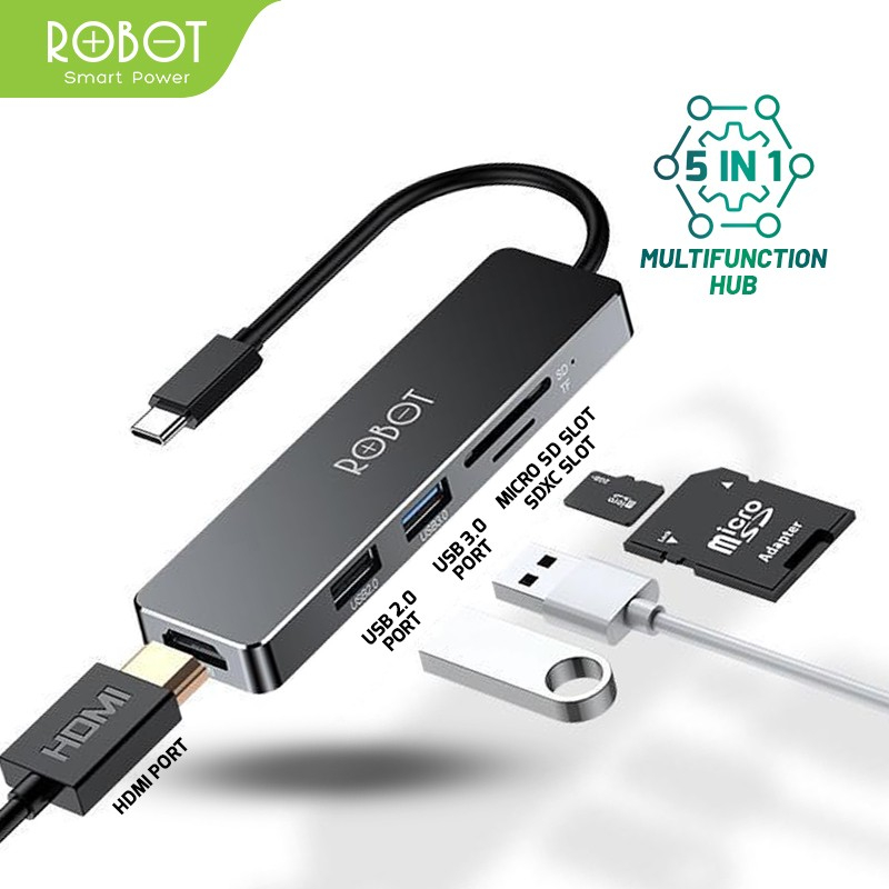 ROBOT Adapter USB HUB 5-in-1 USB C Type C Adapter Multifungsi Langsung Pakai Tanpa Install Apps HT24