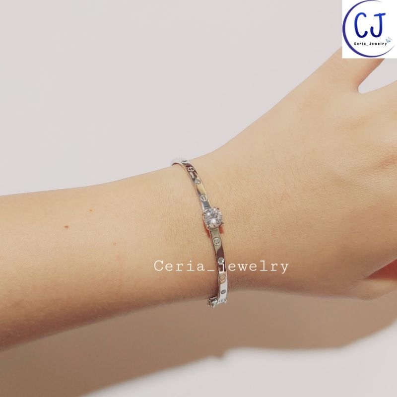 Gelang Perak Asli Silver 925 Lapis Emas Putih Model Bangle Cartir Permata - Gelang Perak Wanita