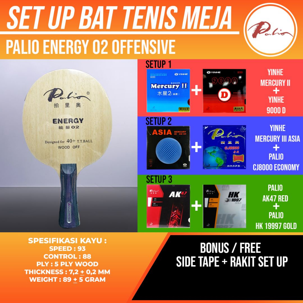 Paket Bat Tenis Meja Pingpong Rakitan Palio Energy 02 OFF Yinhe Palio