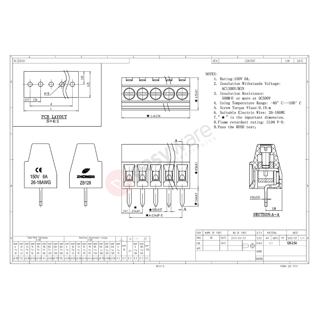 KF128-2.54 mm 2P 2 Pin Screw Terminal Block 2.54mm 150V 6A Terminal Blok KF128 Kecil