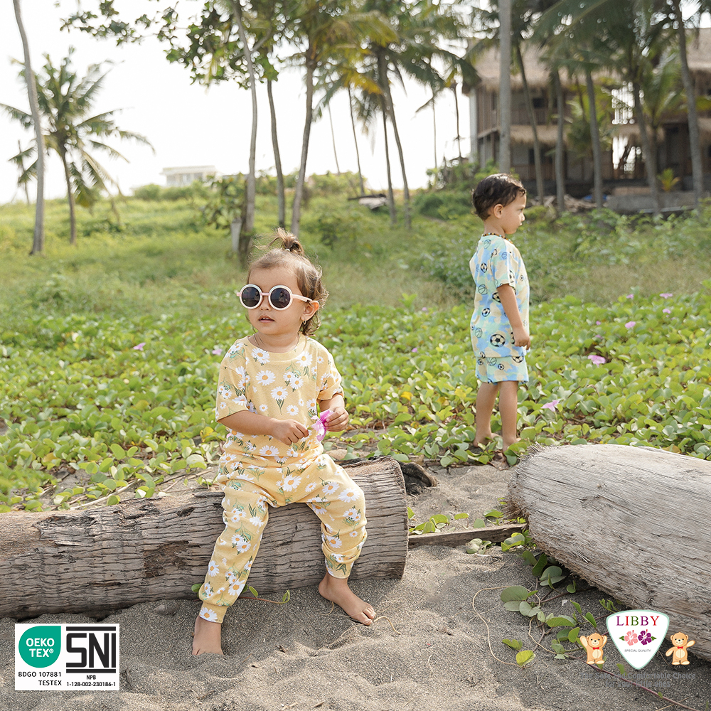 LIBBY Setelan Oblong Cotton Rib Tipis Pendek Boy &amp; Girl  - Setelan Pendek Tipis Series Motif Basking In The Sun (1stel)