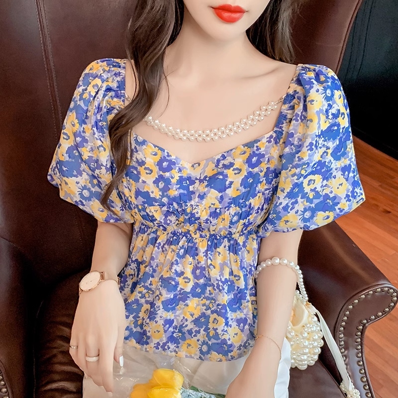 yikoo-Korea blouse floral temperamen blouse tipis wanita atasan （Termasuk mutiara）