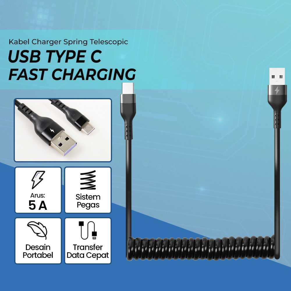 Kabel Charger Type C Fast Charging Spring Telescopic 40W 5A Carger Perangkat Elektronik Transfer Data Cepat