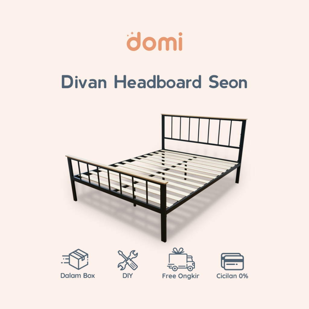 Domi Tempat Tidur Dipan Set Seon / DIY Box Easy Assembly / Ranjang Besi dan Kayu / Divan Sandaran