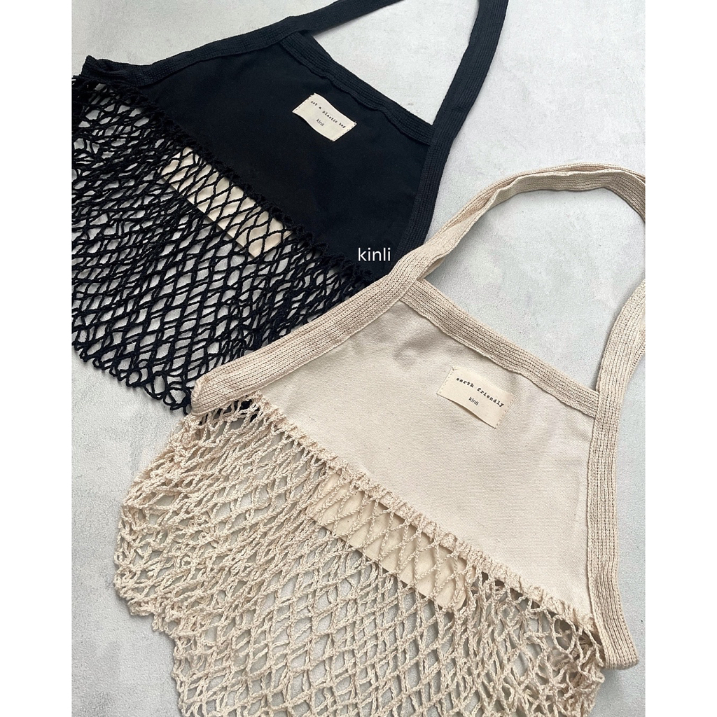 anais half cotton mesh bag eco friendly shopping bag with pocket tas jaring belanja