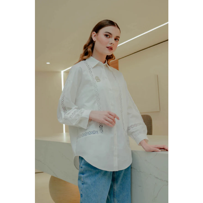 Geometric Embroidery Shirt - White Black  By Benang Jarum XS S M L XL XXL buttonscarves ozen dream p