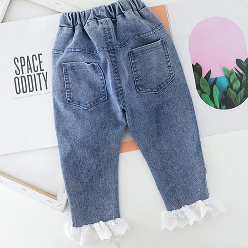 Setelan baju lengan panjang anak perempuan motif PITA GREEN usia 6 bulan - 5 tahun celana jeans impor