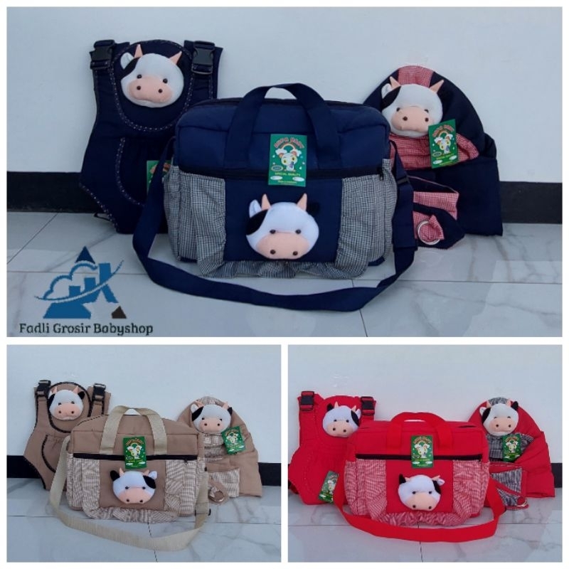 Paket Hemat (3 in 1) Tas Bayi Besar Fadli Boneka Sapi Gendongan Bayi Samping Topi Kerut Sapi Dan Gendongan Bayi Depan Multi Boneka Sapi Terbaru