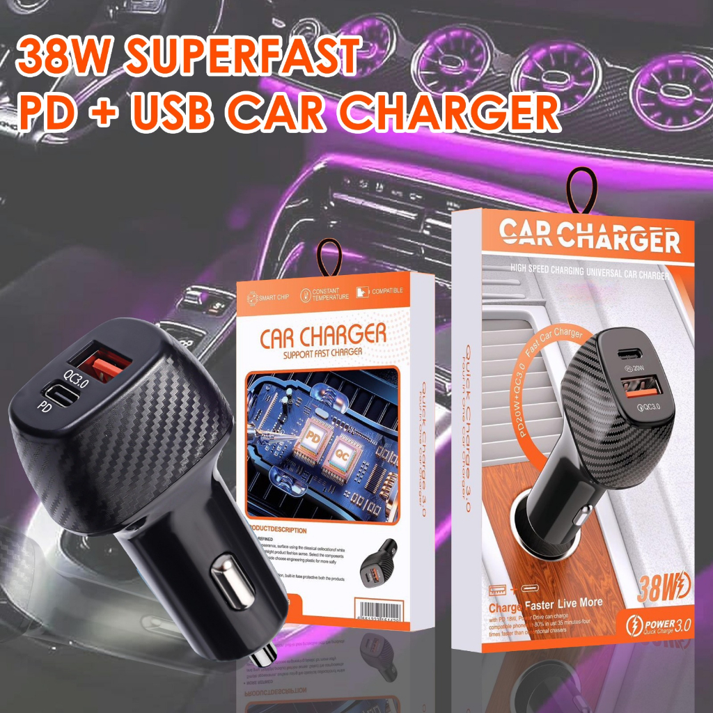 Adapter 38W Saver Car Charger Mobil Quick Charging QC3.0 Original Dual USB C USB QC3.0