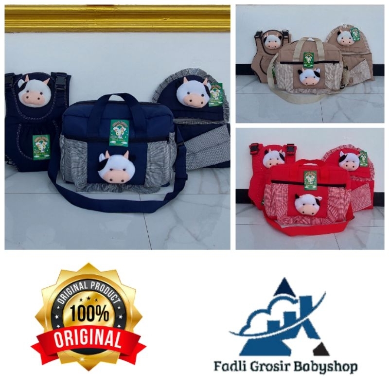 Satu Paket (3 in 1) Tas Bayi Besar Fadli Boneka Sapi Gendongan Bayi Samping Boneka Sapi Dan Gendongan Bayi Depan Ransel Boneka Sapi Terlaris