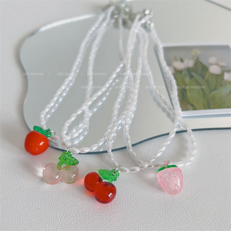 PROMO 7.7 Kalung Wanita Hiasan Bandul Buah Lucu Unik Fancy Strawberry Cherry Apel Mutiara Import