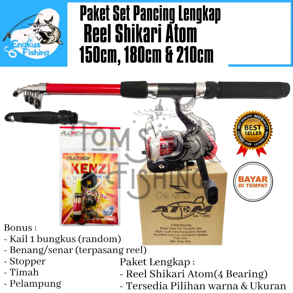 Set Paket Pancing Lengkap Reel Shikari Atom &amp; Joran 1,5M (Bonus Kail dll) 4 Bearing Murah - Engkus Fishing