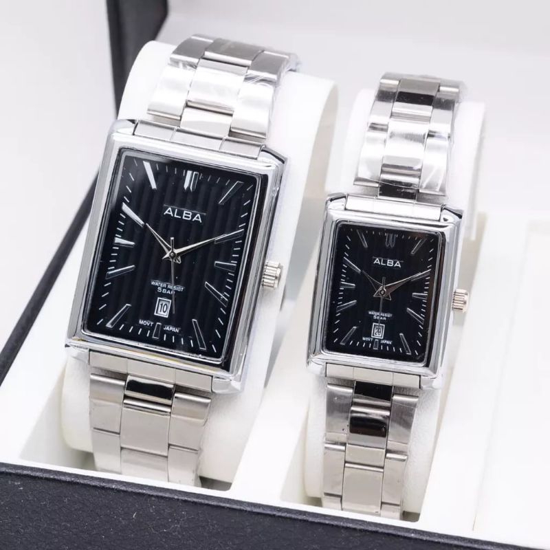 Jam tangan Fashion Couple Rantai Stainless Kotak Alba
