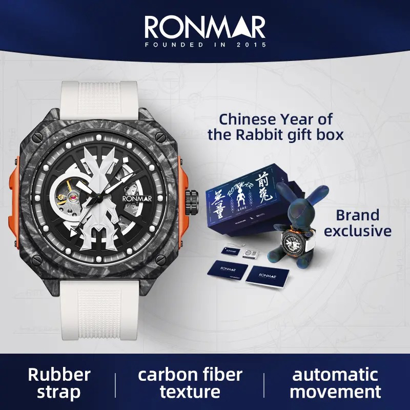 Jam Tangan Mewah Limited Edition Ronmar Automatic Carbon Fiber Kelinci