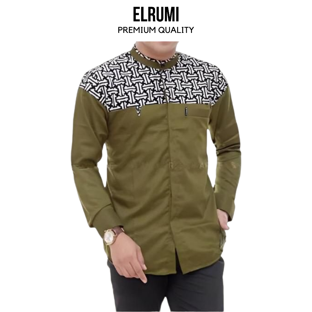 Baju Koko Pria Lengan Panjang Kombinasi Batik Motif Falcon Warna Hijau Army Bahan Katun