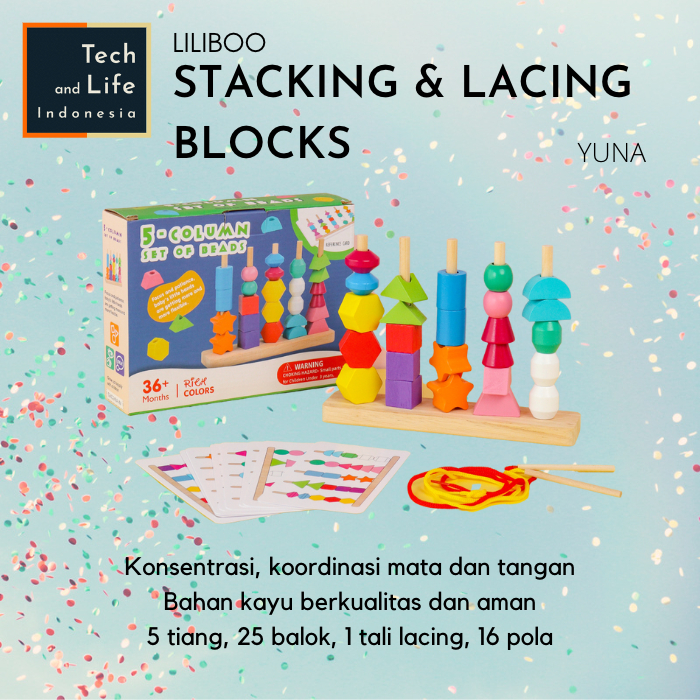 Mainan Edukasi Anak Montessori Kayu Stacking Block Puzzle Lacing Beads