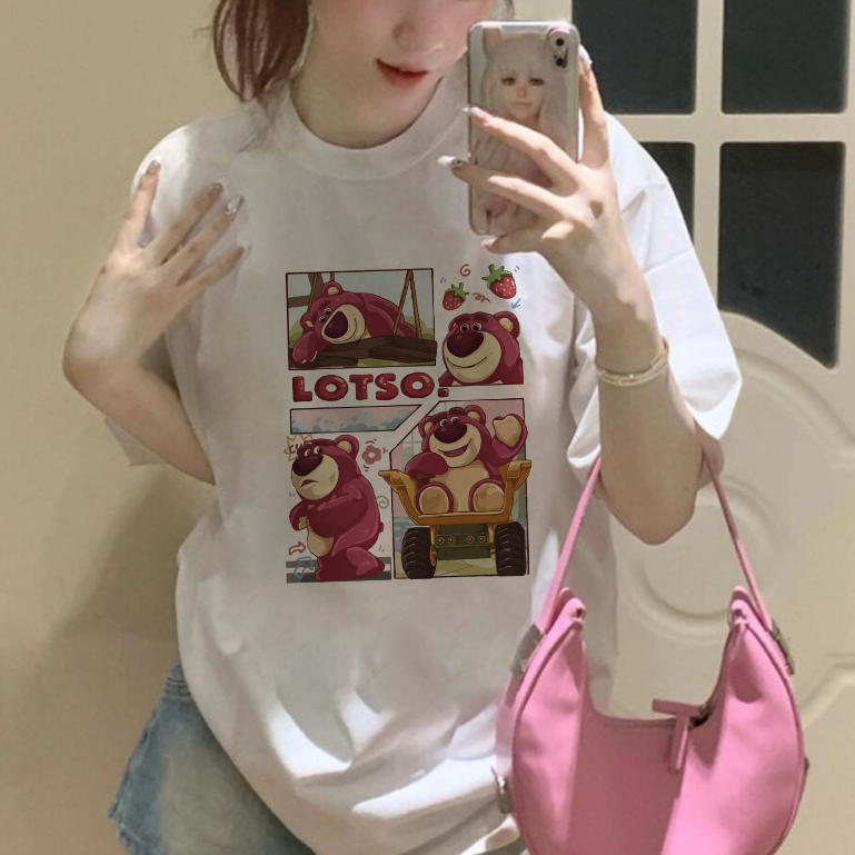 kaos wanita lengan pendek oversize printing t-shirt/letter Strawberry bear loose putih kaos