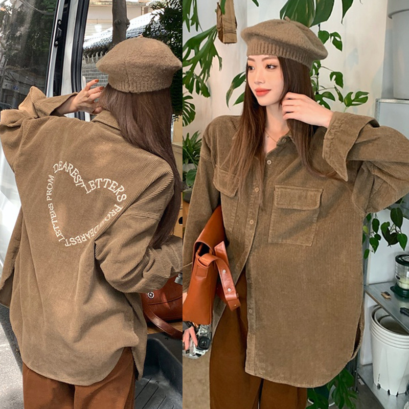Korean Style Bordir Corduroy Shirt Kemeja Lengan Panjang Wanita Retro Atasan Wanita Kekinian Baju Atasan Wanita