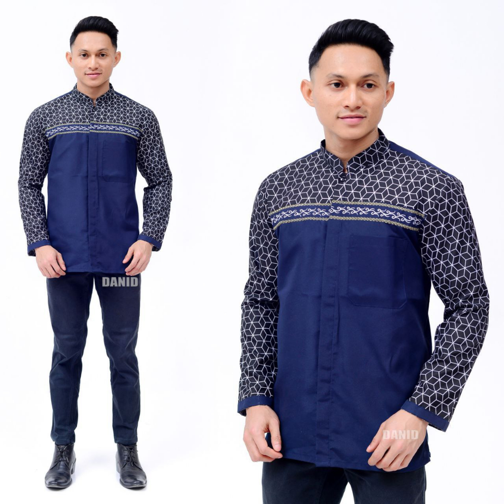 Baju Batik Kerah Mandarin Kemeja Hem Batik Kombinasi Lengan Panjang Baju Pria Polos Kombinasi Batik