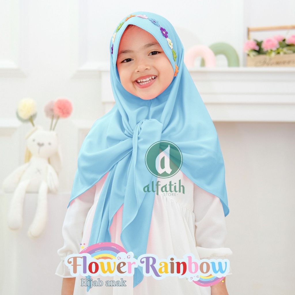 ALFATIH STORE / Hijab Anak Segitiga Rainbow Jersey / variasi Pad Antem Bunga Pelangi / Jilbab anak murah