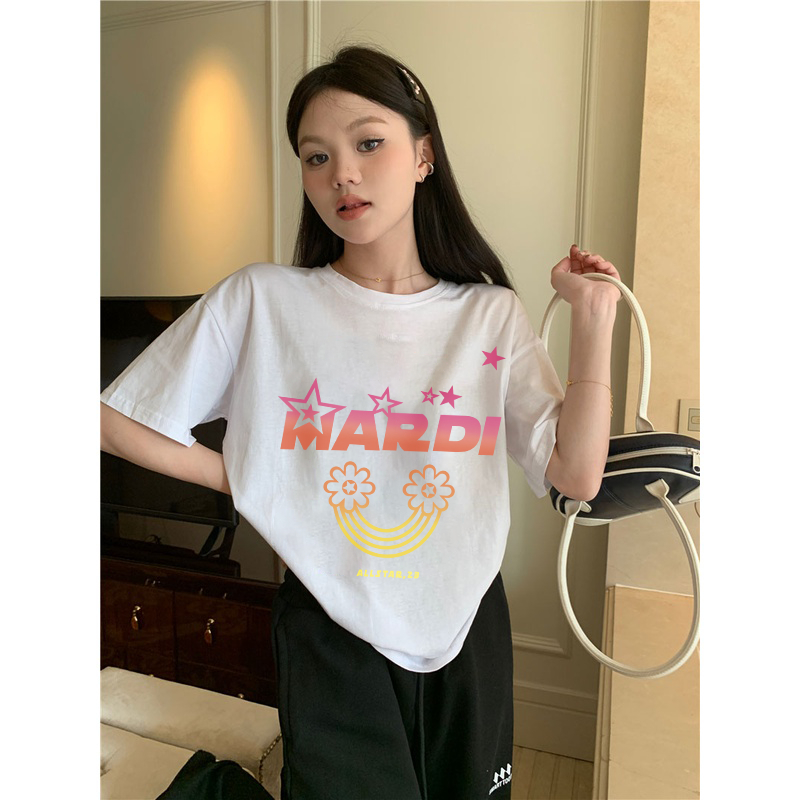 XiaoZhaiNv Kaos Atasan Oversize Wanita Gradient Rainbow Pattern Lengan Pendek A0937