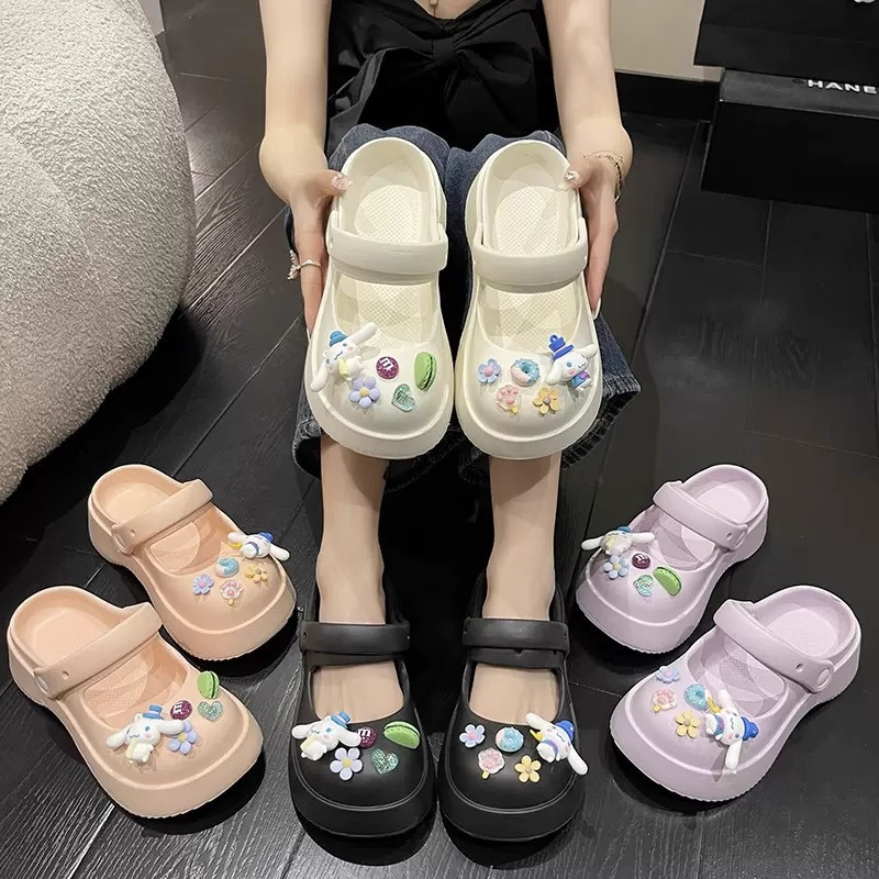 Sandal Wanita Slip On Viral Jibbitz Sandal Cewek Selop Wedges Platform Charms Karakter Sticker 3D