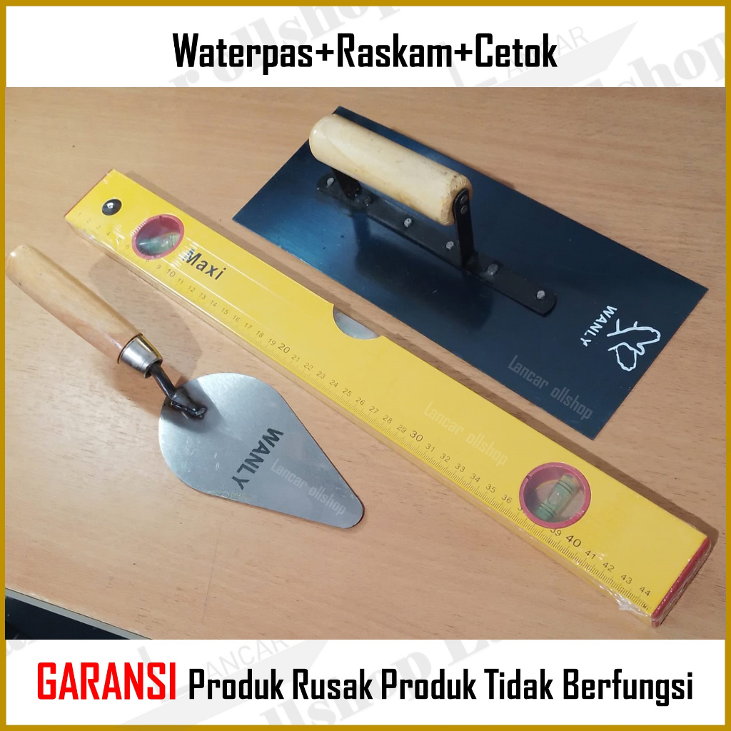 PAKET! Cetok Semen Gagang Kayu Lancip 6 inch Sendok Semen + Waterpass + Raskam