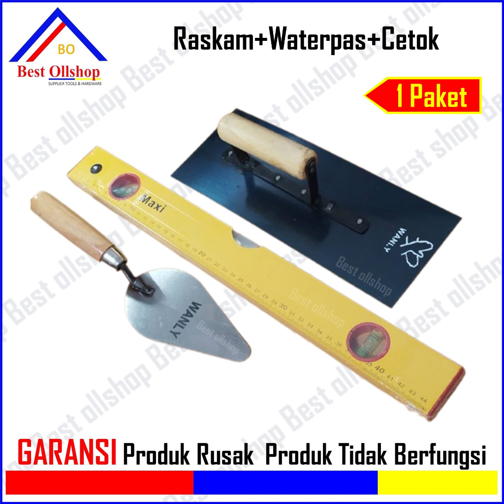 Sendok Semen Gagang Kayu 6 Inch Lancip + Raskam + Waterpass Harga 1 Paket