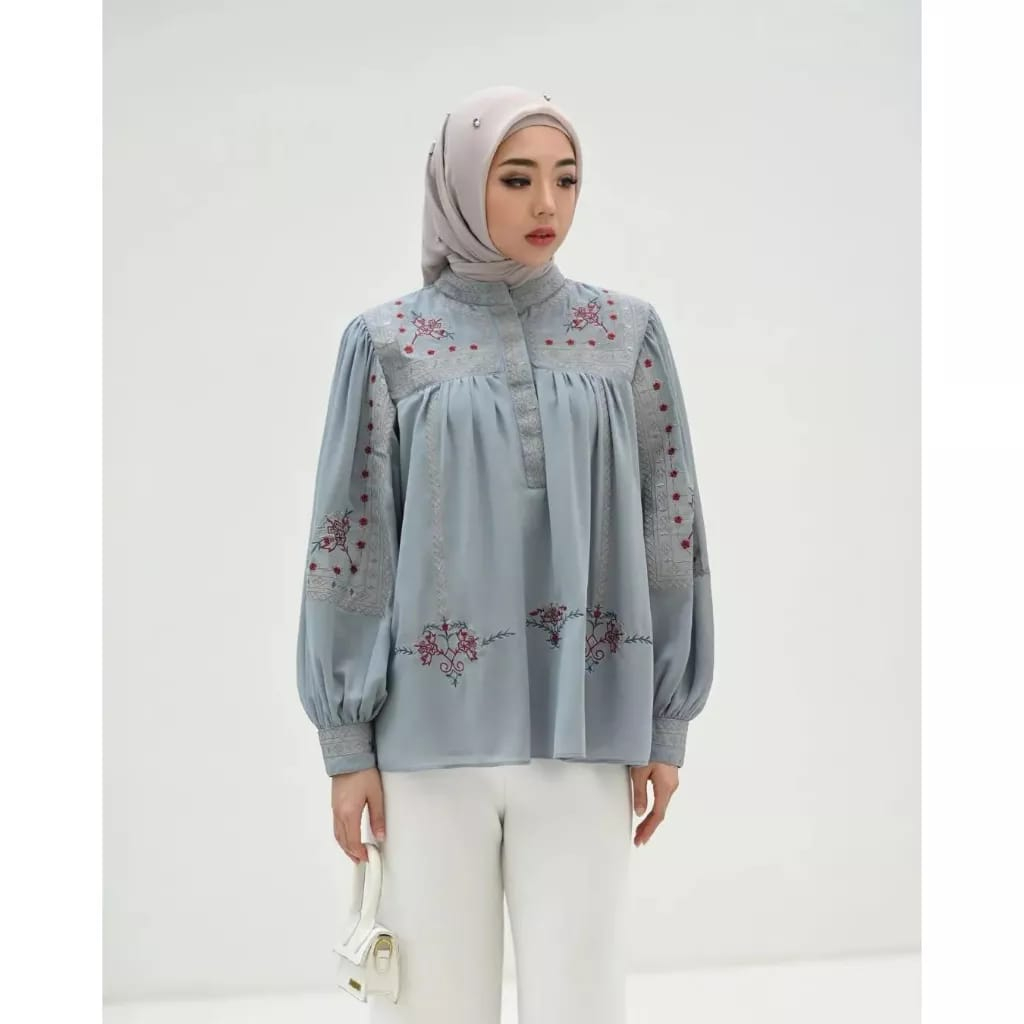 Mona Top Bordir Kemeja Oversize Busui Friendly Atasan Wanita Lengan Panjang