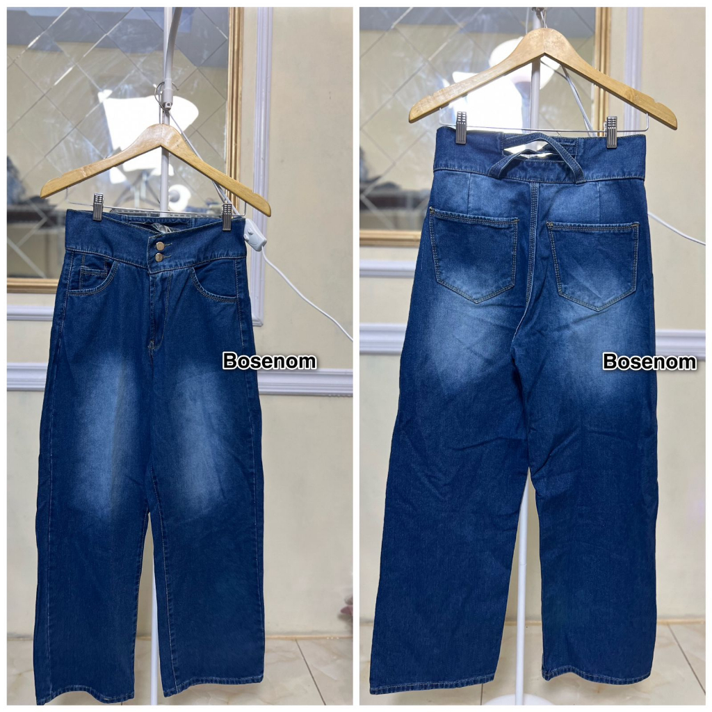 BOSENOM- CELANA KULOT JEANS HIGHWAIST VARIASI 2 KANCING PINGGANG SILANG KULOT LOOSE CROSSBAC CELANA KULOT POLOS SANTAI NYAMANK