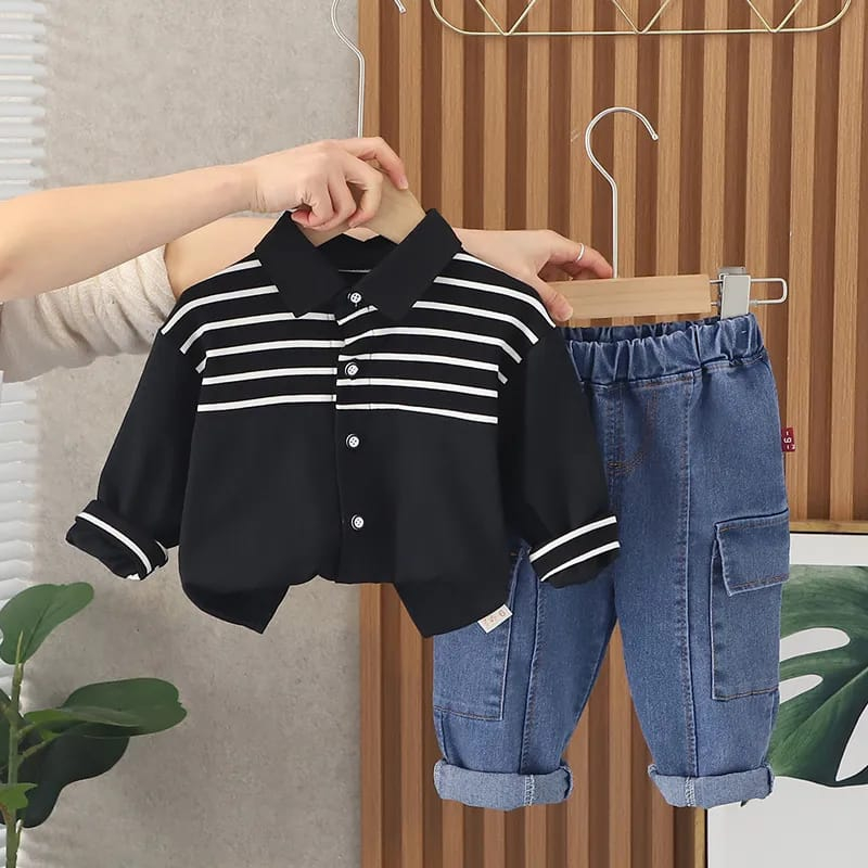 Setelan lengan panjang anak laki-laki 6 bulan - 5 tahun MOTIF GARIS HITAM &amp; PUTIH / baju bayi ala korea import premium