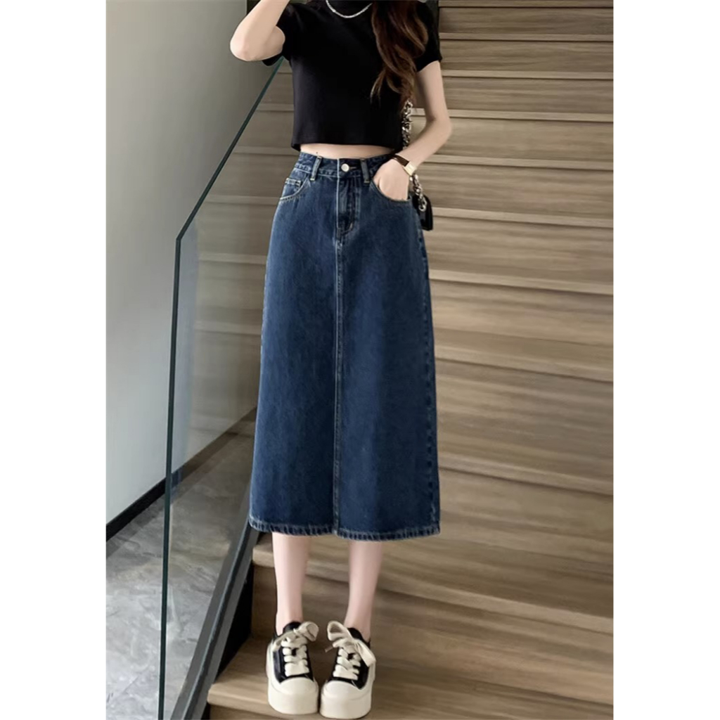 Biru laut Highwaist lucuuk gadis Rok Denim A-Line Fashion Serbaguna Rok Midi